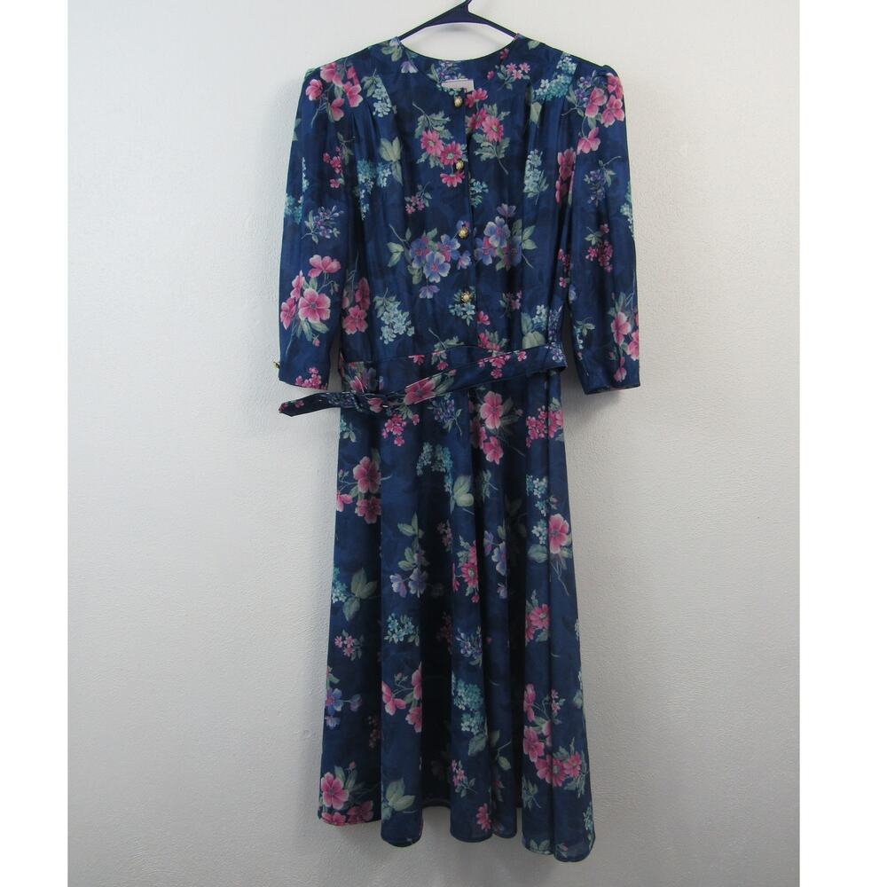 California LOOKS Size 14 Blue Floral Dress Vintage Belt VTG 3/4 Length Sleeves